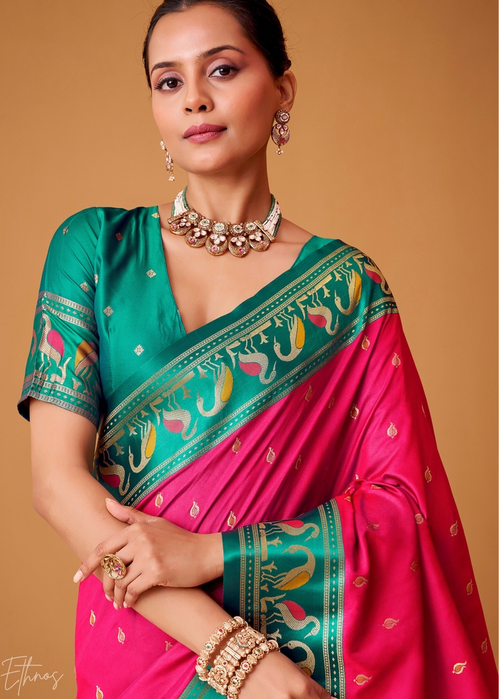 Fuchsia Pink Flamingo Satin Silk Saree