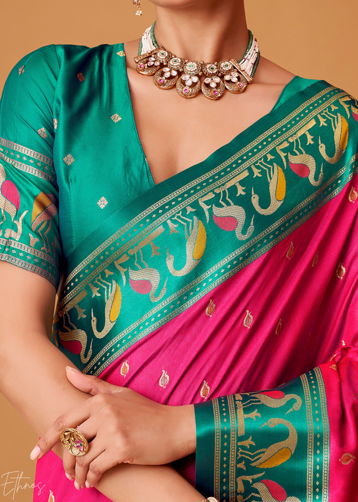 Fuchsia Pink Flamingo Satin Silk Saree