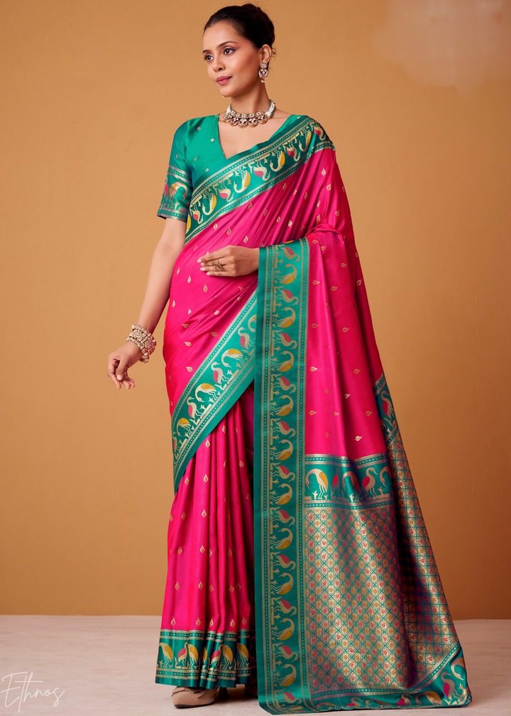 Fuchsia Pink Flamingo Satin Silk Saree