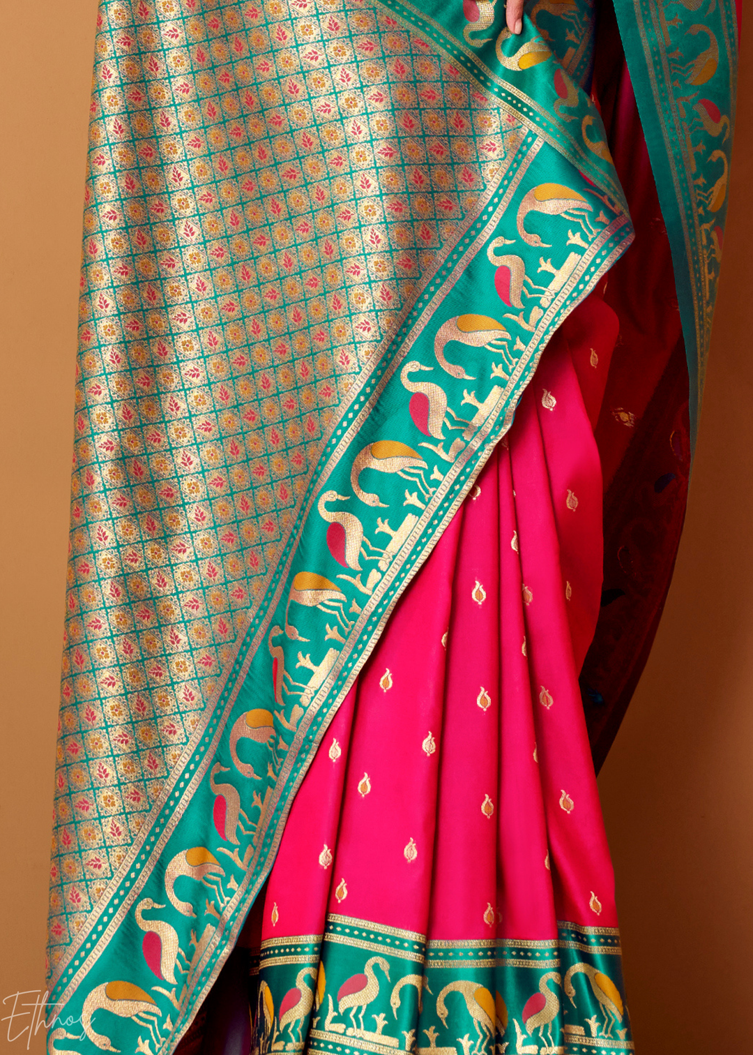 Fuchsia Pink Flamingo Satin Silk Saree