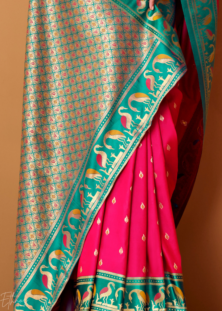 Fuchsia Pink Flamingo Satin Silk Saree