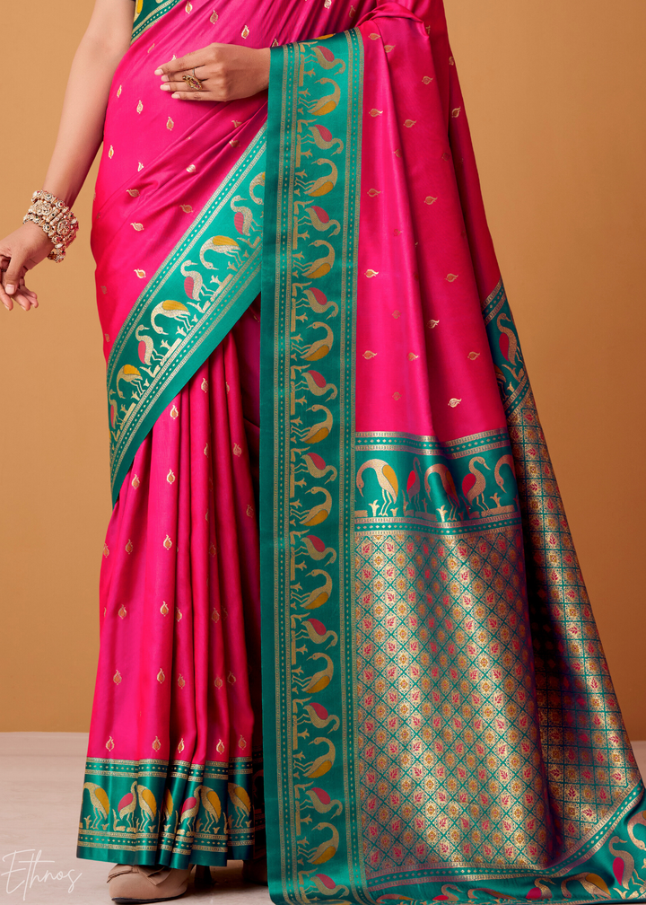 Fuchsia Pink Flamingo Satin Silk Saree