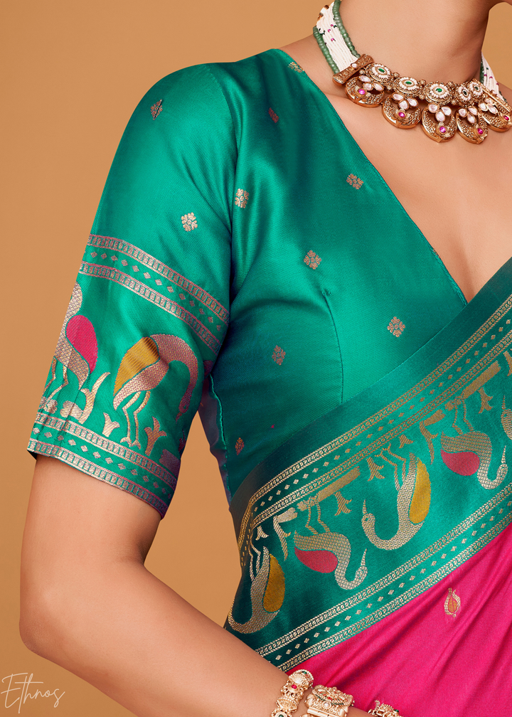 Fuchsia Pink Flamingo Satin Silk Saree