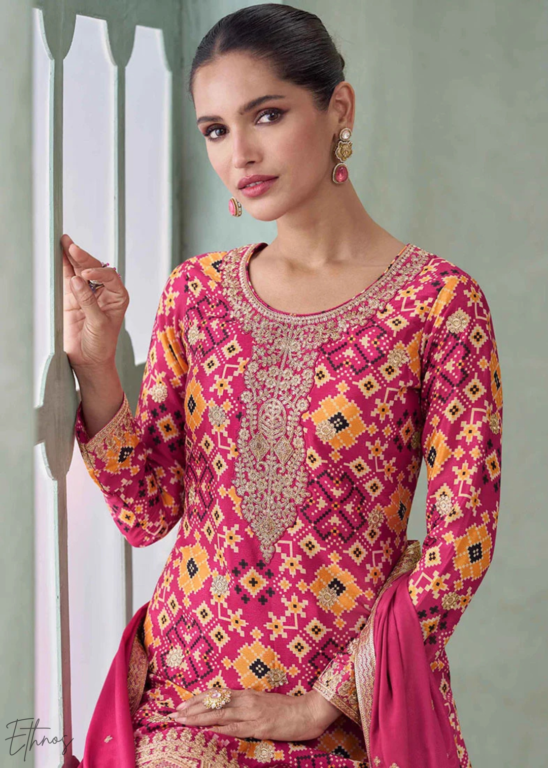 Fuchsia Pink Geometric-Jacquard Chinon Palazzo Suit