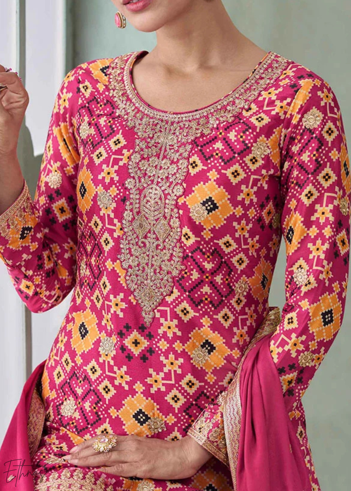 Fuchsia Pink Geometric-Jacquard Chinon Palazzo Suit