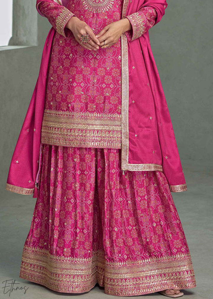 Hot Pink Banarasi-Geometric Chinon Palazzo Suit