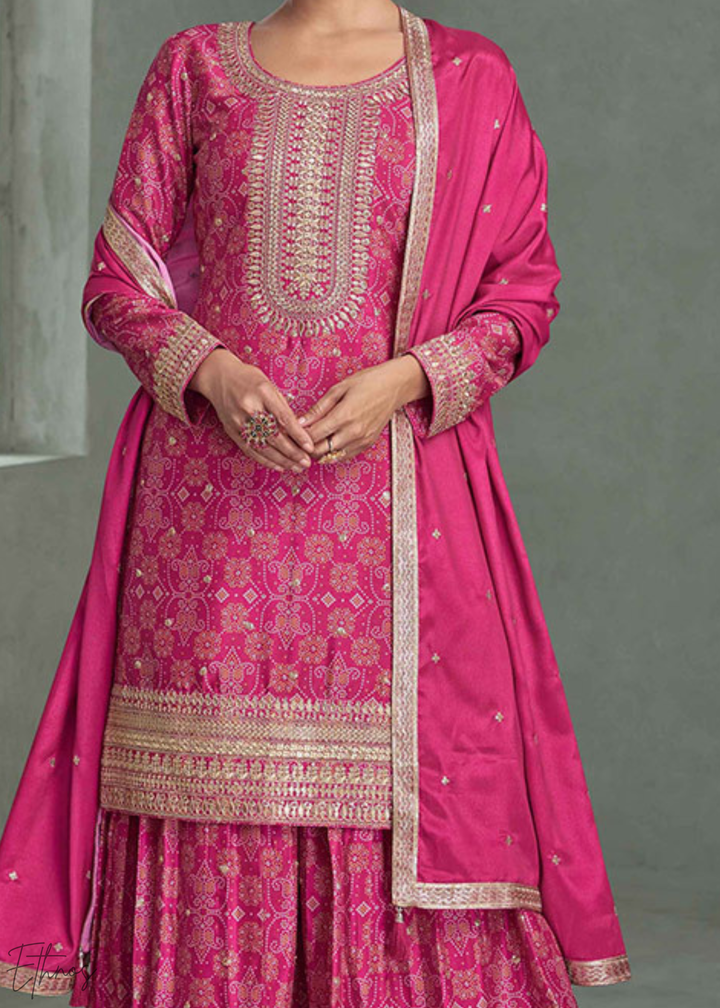 Hot Pink Banarasi-Geometric Chinon Palazzo Suit