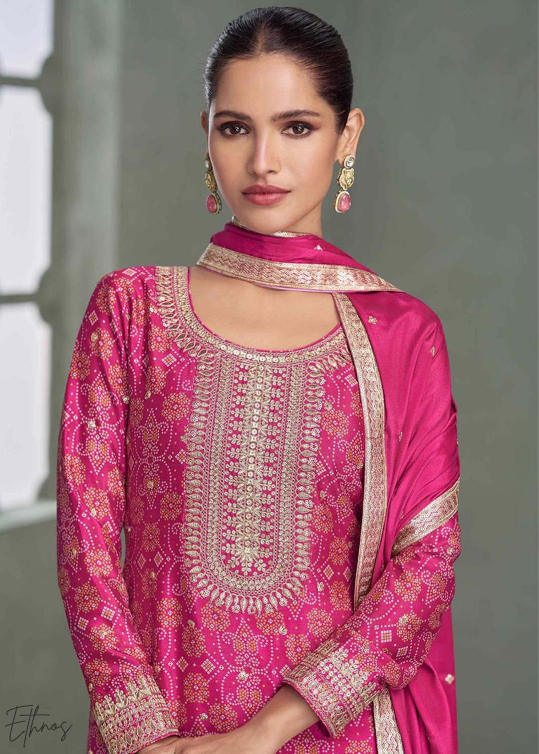 Hot Pink Banarasi-Geometric Chinon Palazzo Suit