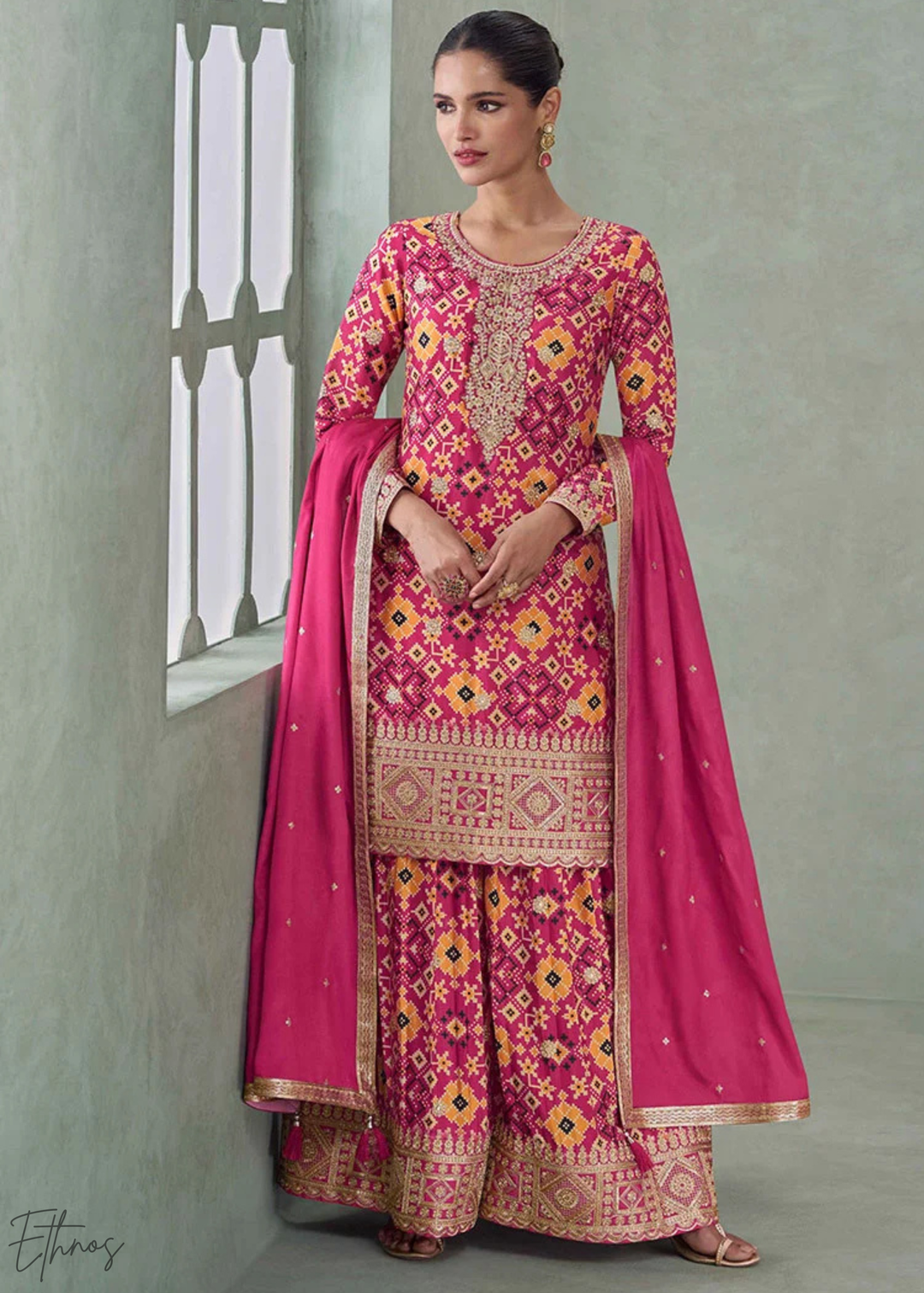 Fuchsia Pink Geometric-Jacquard Chinon Palazzo Suit
