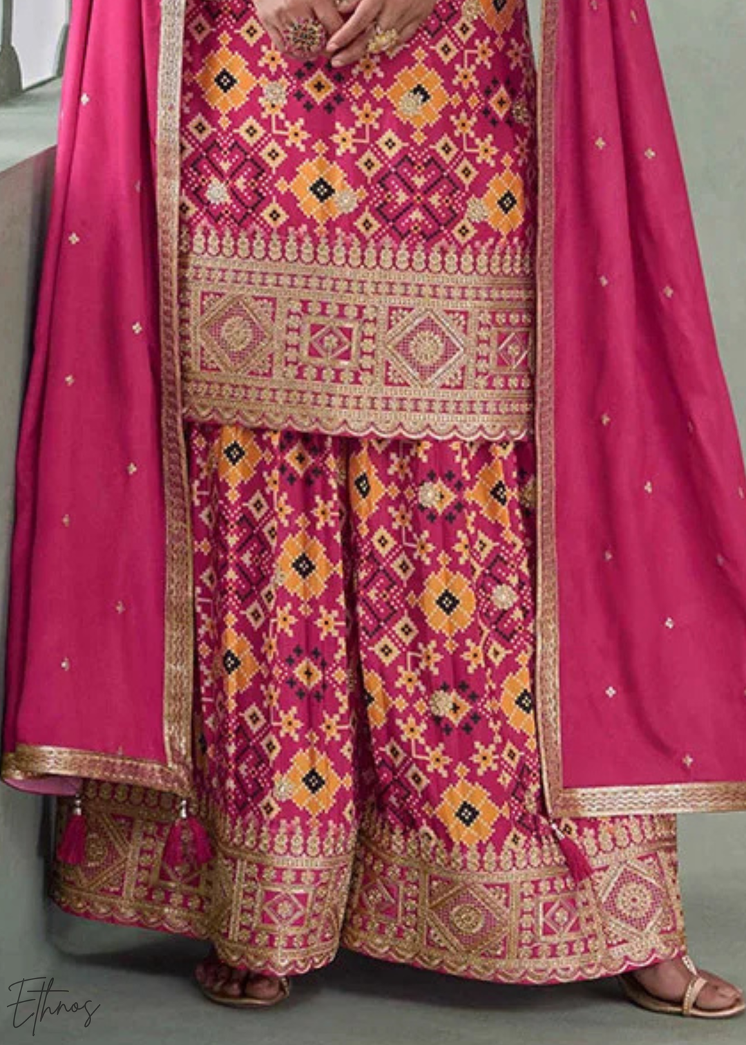 Fuchsia Pink Geometric-Jacquard Chinon Palazzo Suit