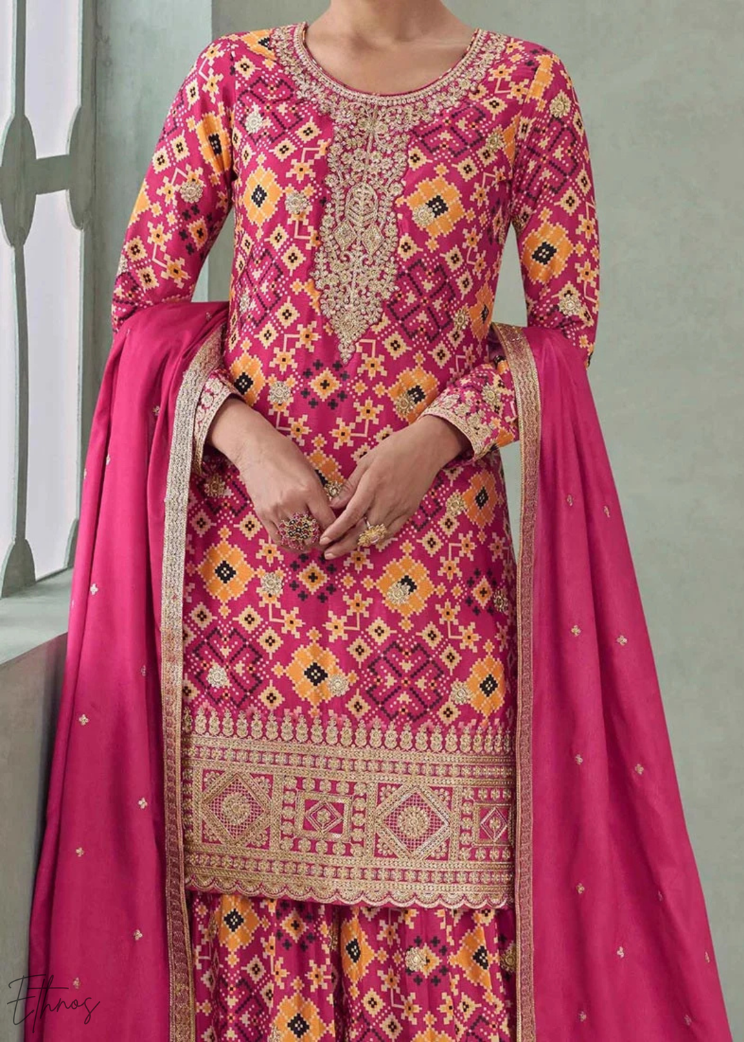 Fuchsia Pink Geometric-Jacquard Chinon Palazzo Suit