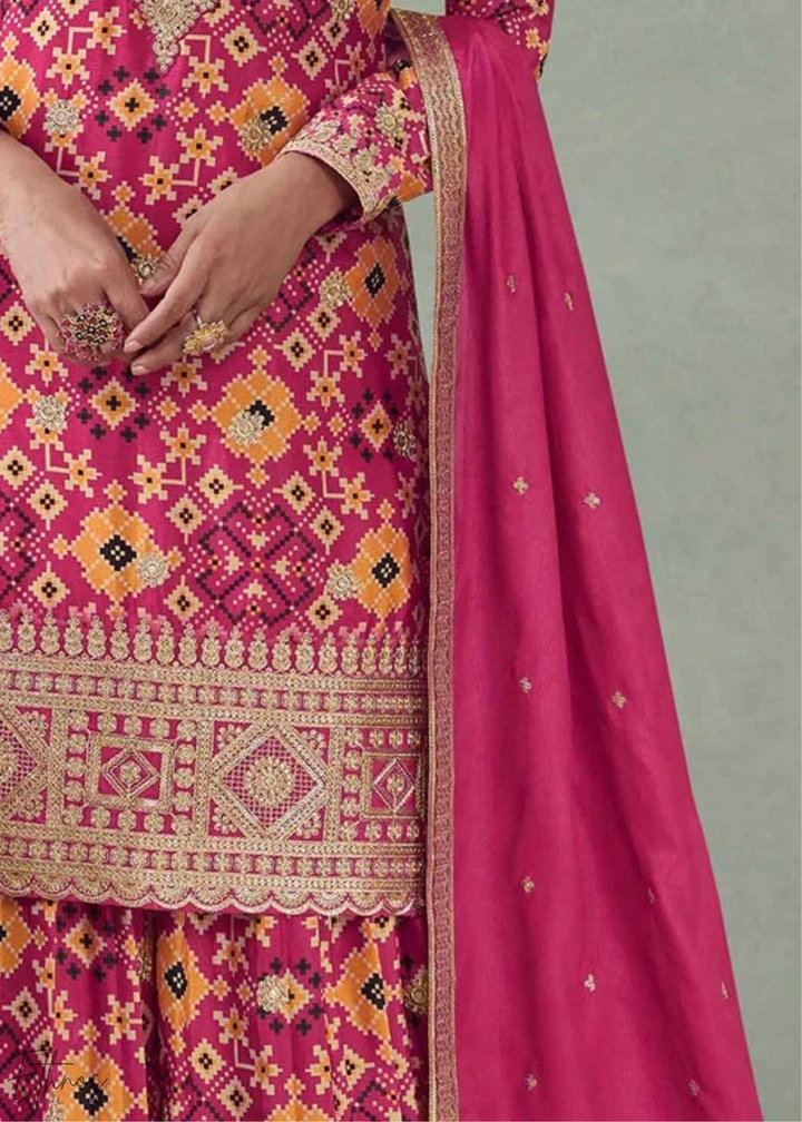 Fuchsia Pink Geometric-Jacquard Chinon Palazzo Suit