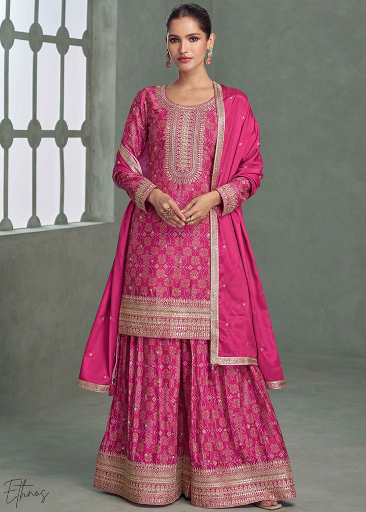 Hot Pink Banarasi-Geometric Chinon Palazzo Suit
