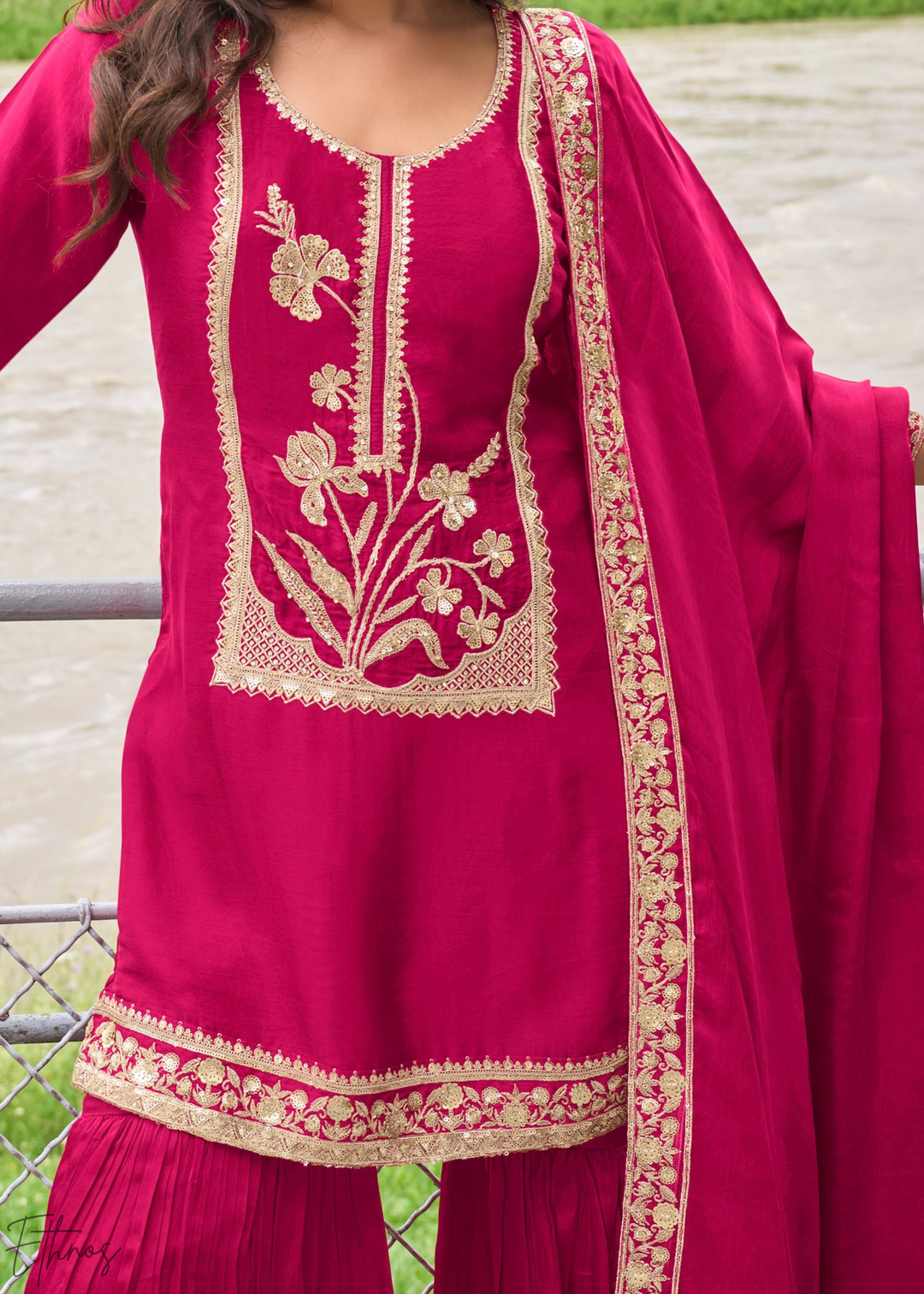 Fuchsia Pink Gilded Silk Sharara Suit