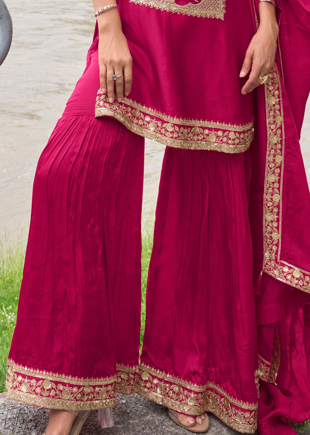 Fuchsia Pink Gilded Silk Sharara Suit