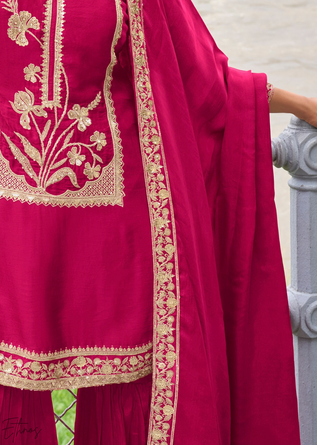 Fuchsia Pink Gilded Silk Sharara Suit
