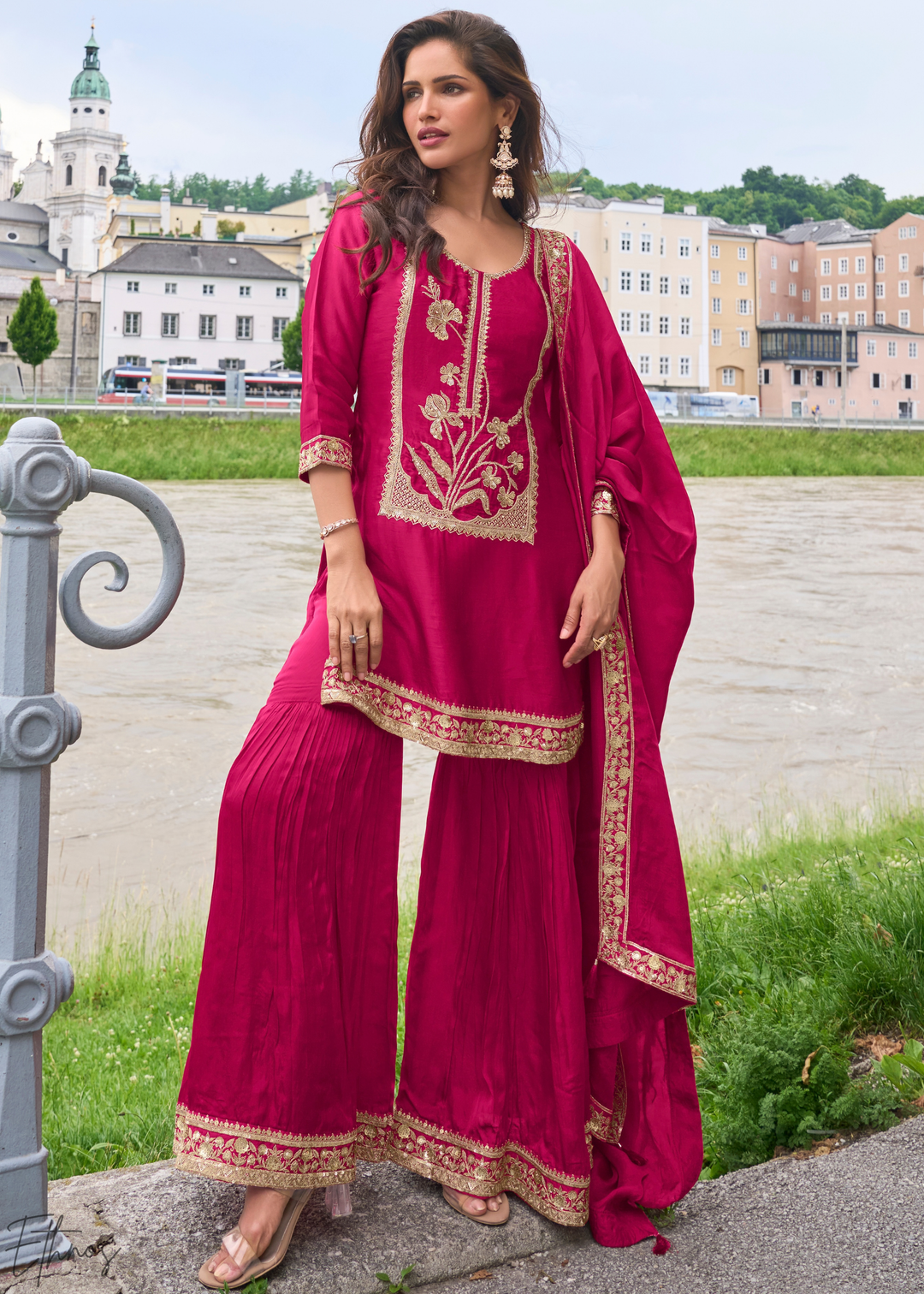 Fuchsia Pink Gilded Silk Sharara Suit
