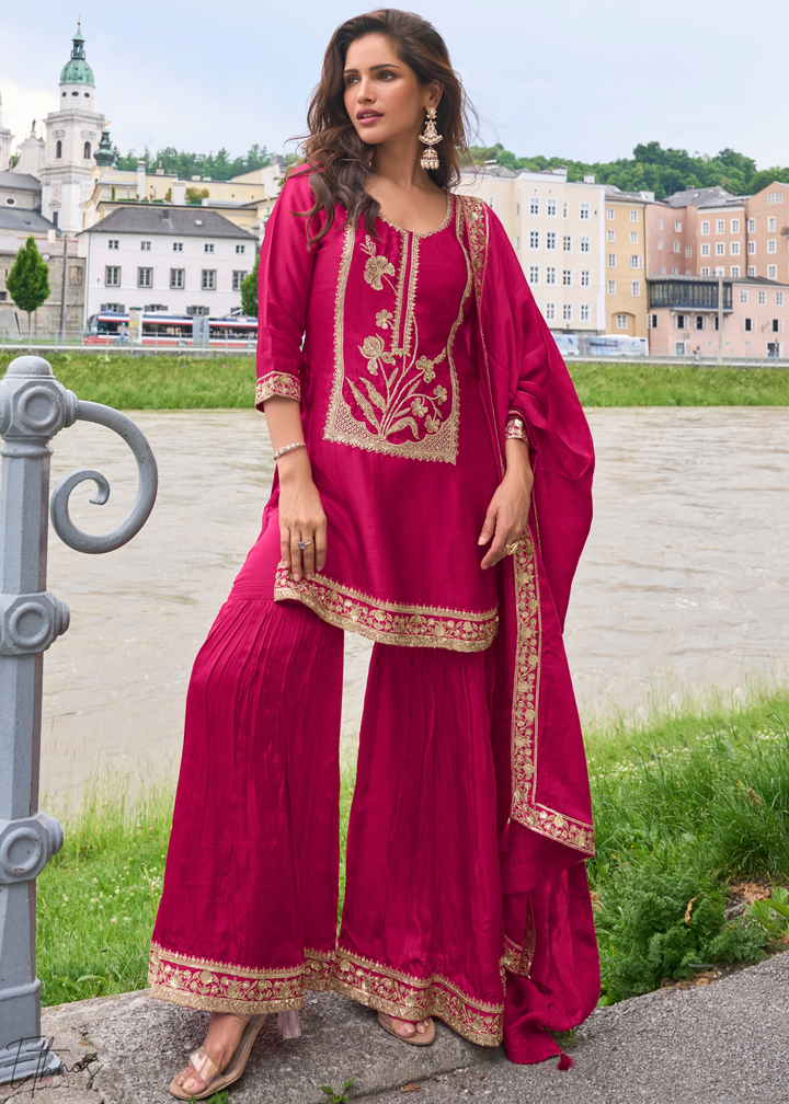 Fuchsia Pink Gilded Silk Sharara Suit