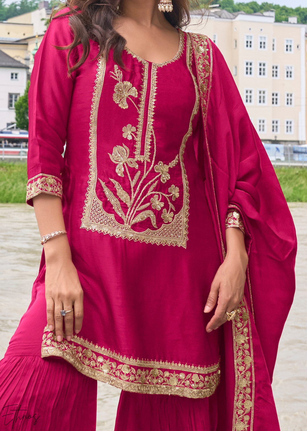 Fuchsia Pink Gilded Silk Sharara Suit