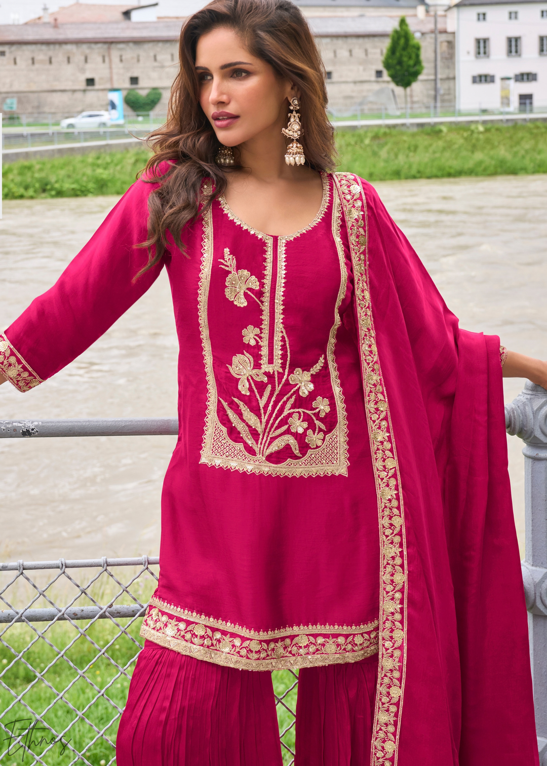Fuchsia Pink Gilded Silk Sharara Suit