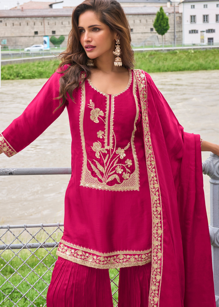 Fuchsia Pink Gilded Silk Sharara Suit