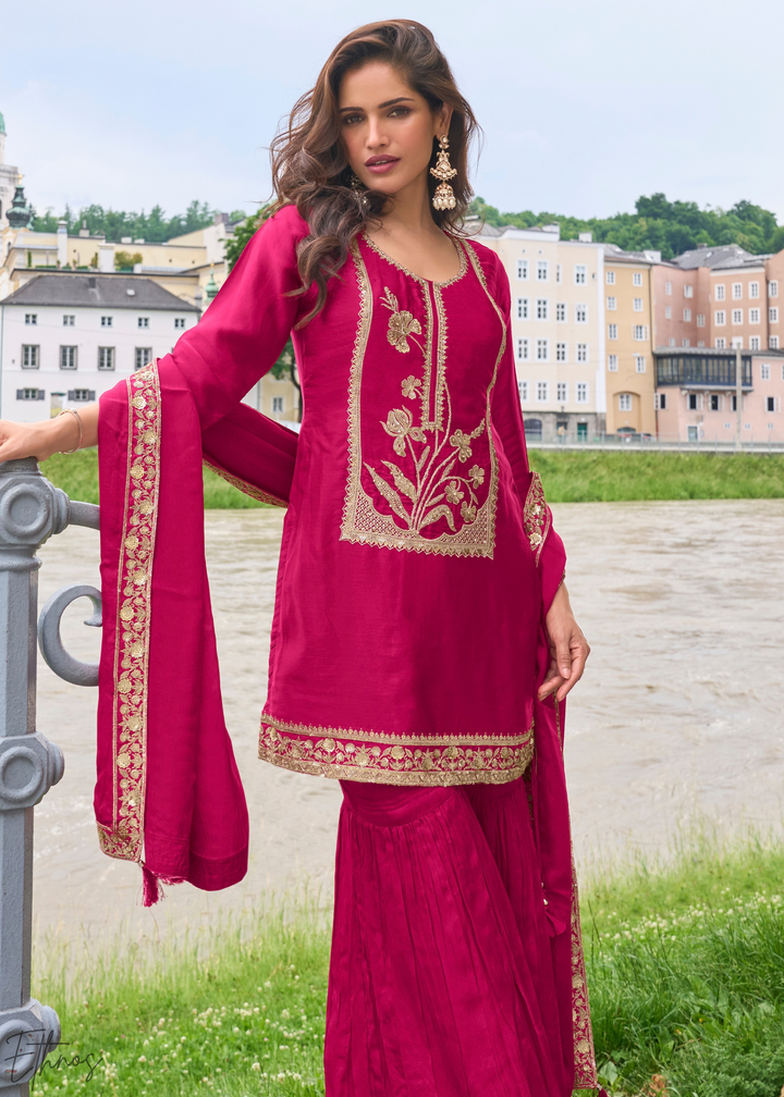 Fuchsia Pink Gilded Silk Sharara Suit