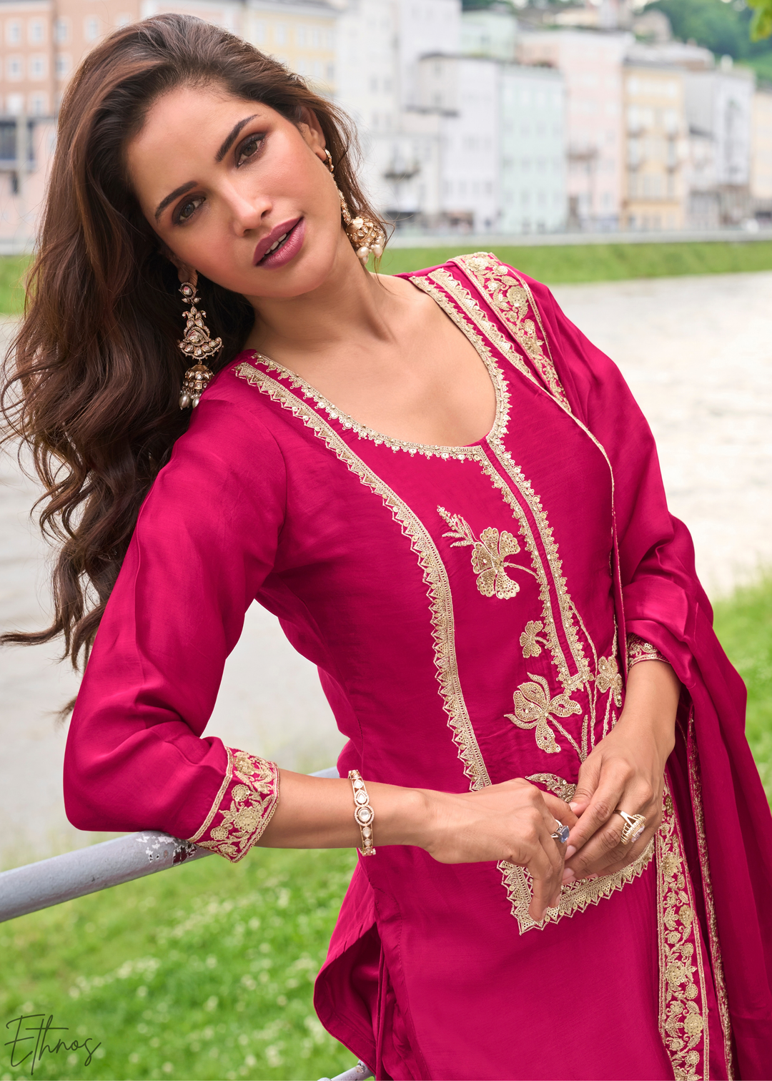Fuchsia Pink Gilded Silk Sharara Suit