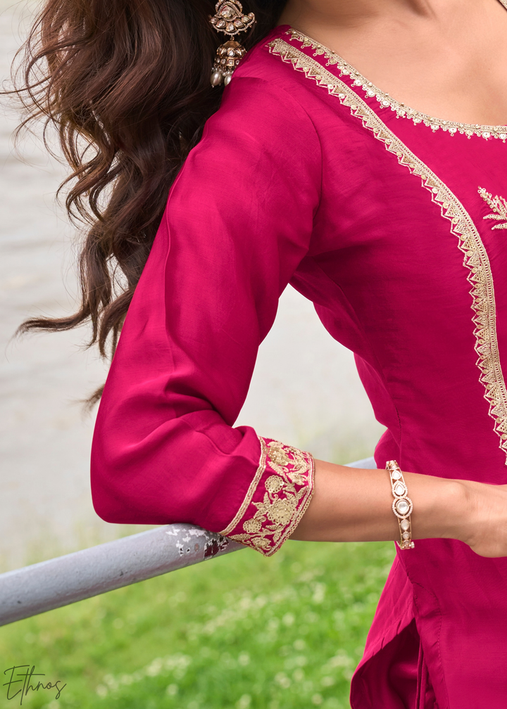 Fuchsia Pink Gilded Silk Sharara Suit