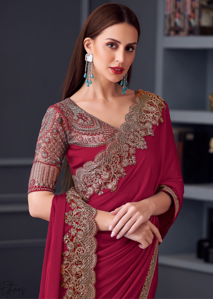 Fuchsia Pink Heavy Border Embroidered Georgette Saree
