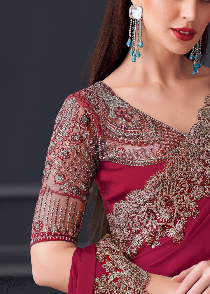 Fuchsia Pink Heavy Border Embroidered Georgette Saree