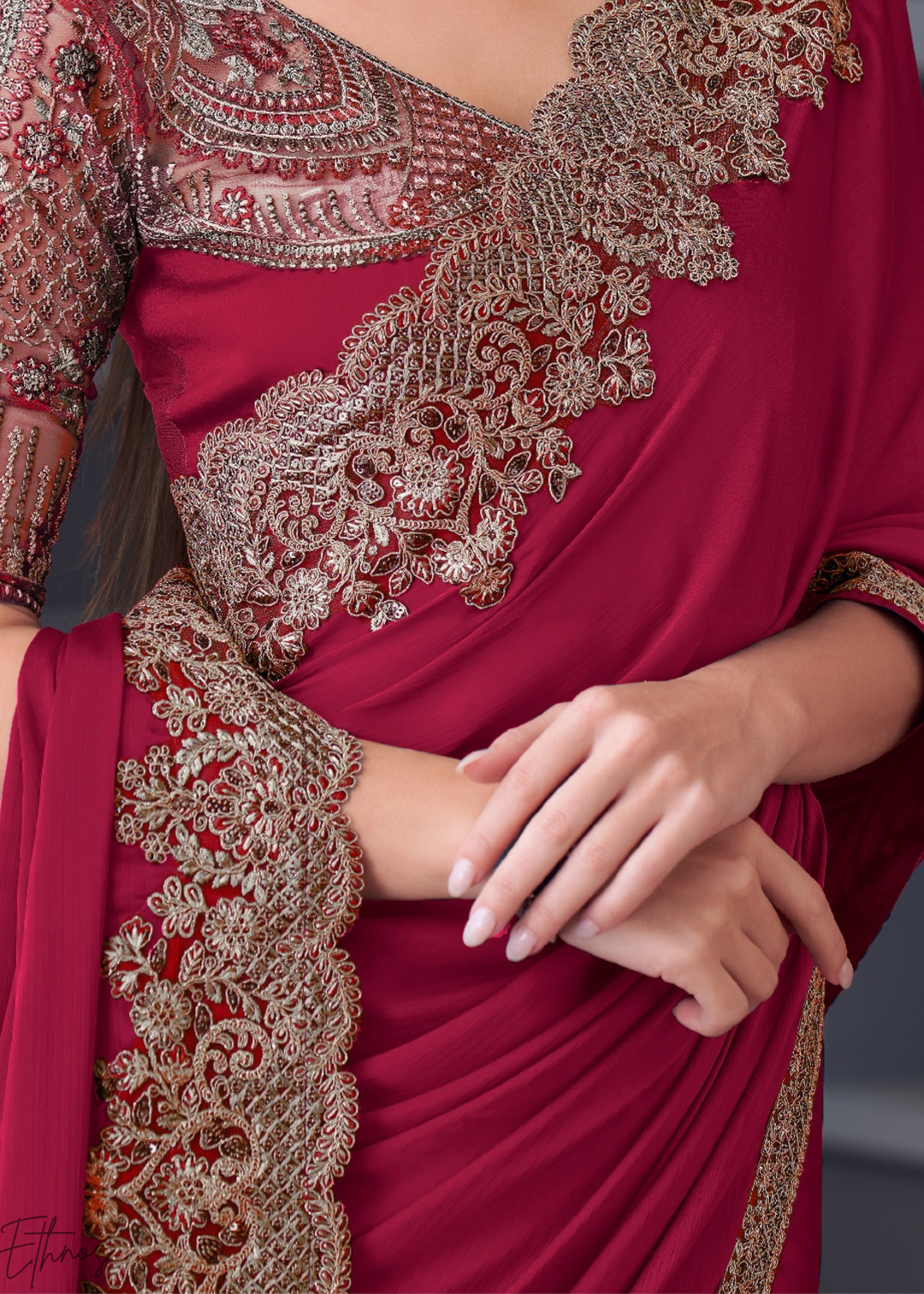 Fuchsia Pink Heavy Border Embroidered Georgette Saree