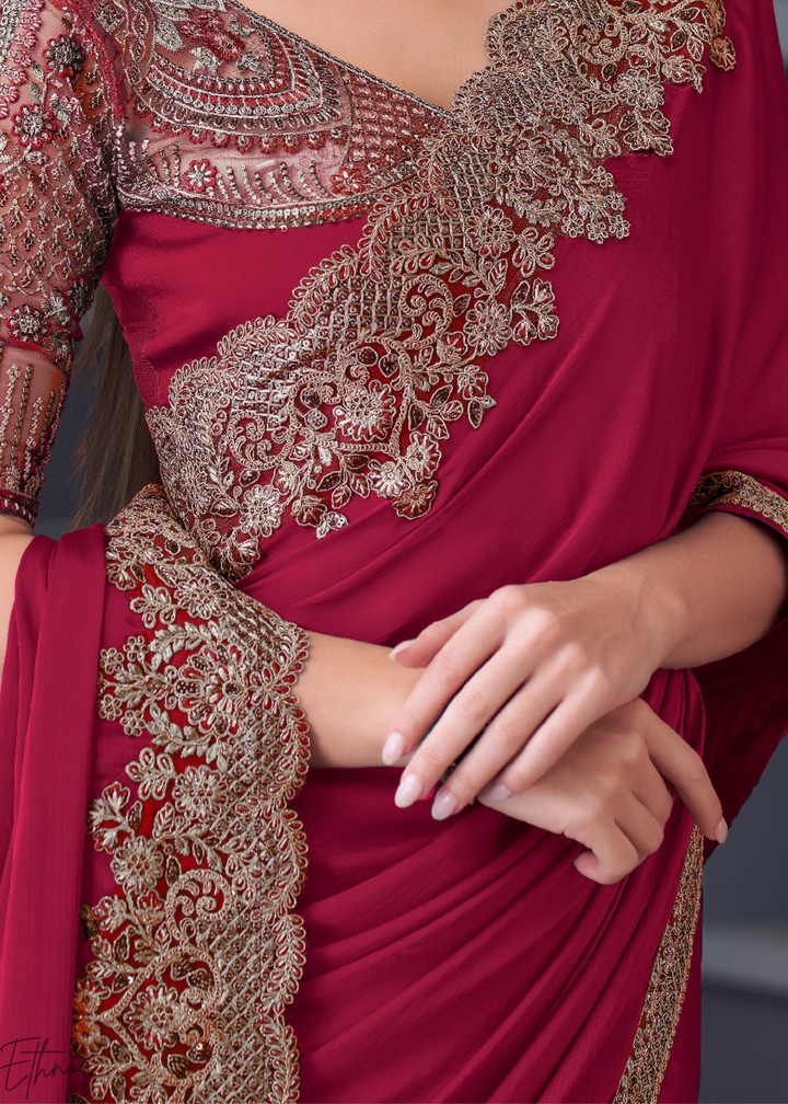 Fuchsia Pink Heavy Border Embroidered Georgette Saree