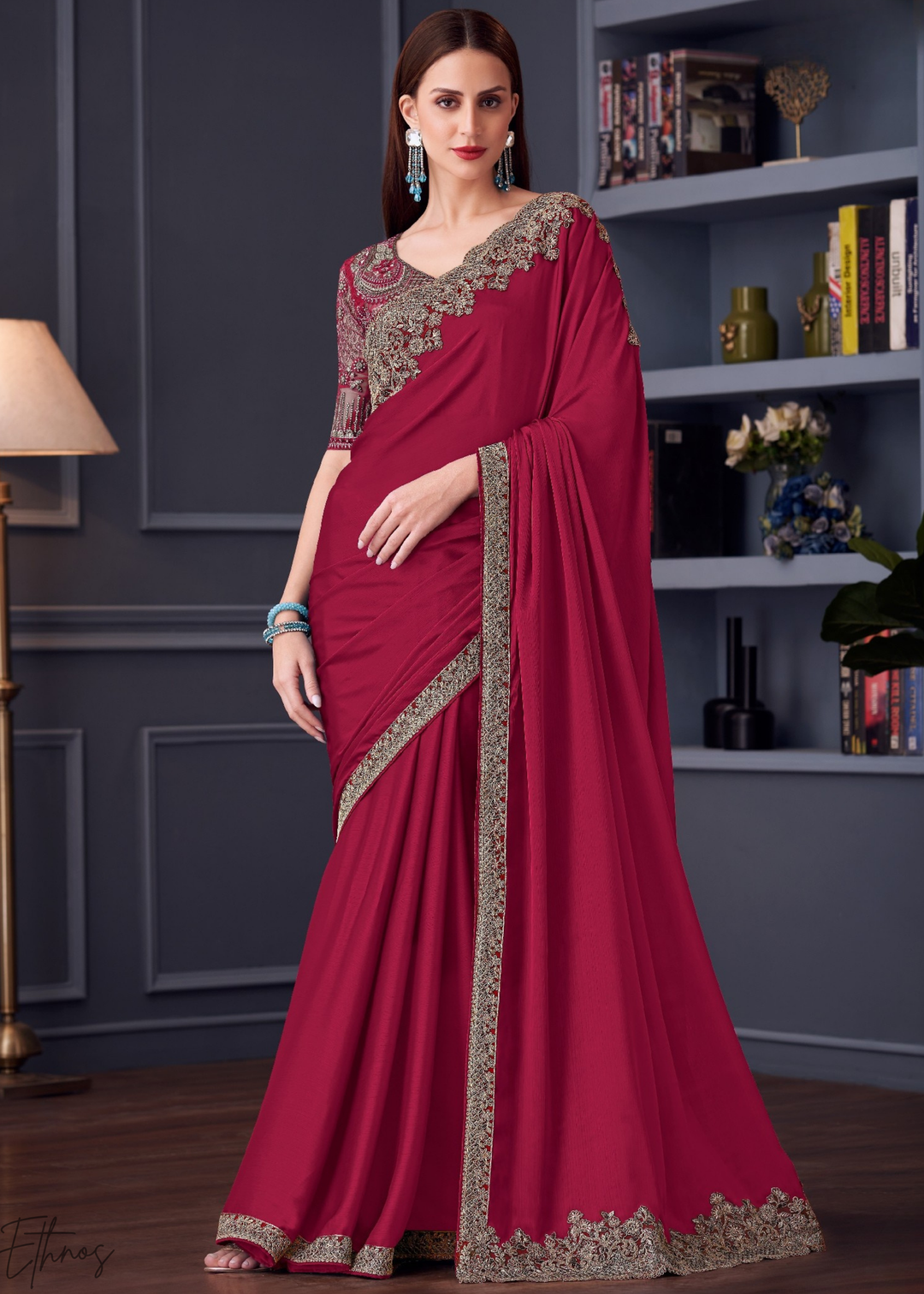 Fuchsia Pink Heavy Border Embroidered Georgette Saree