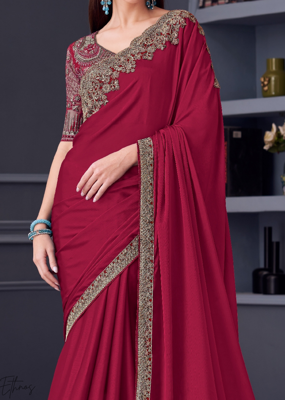 Fuchsia Pink Heavy Border Embroidered Georgette Saree