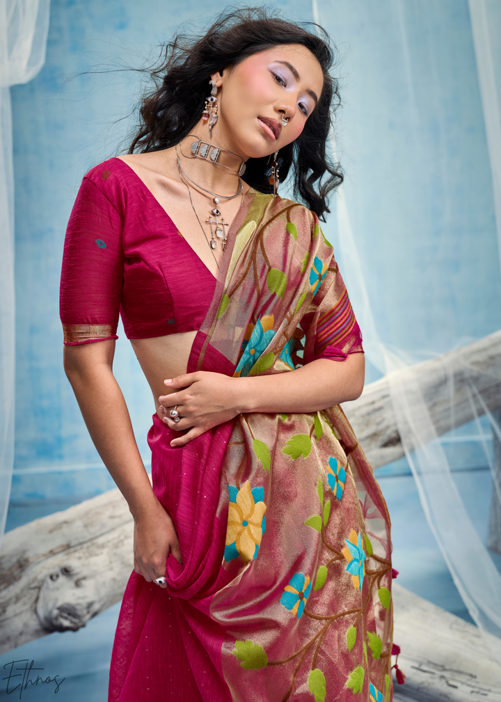 Fuchsia Pink Jardin Woven Munga Silk Saree