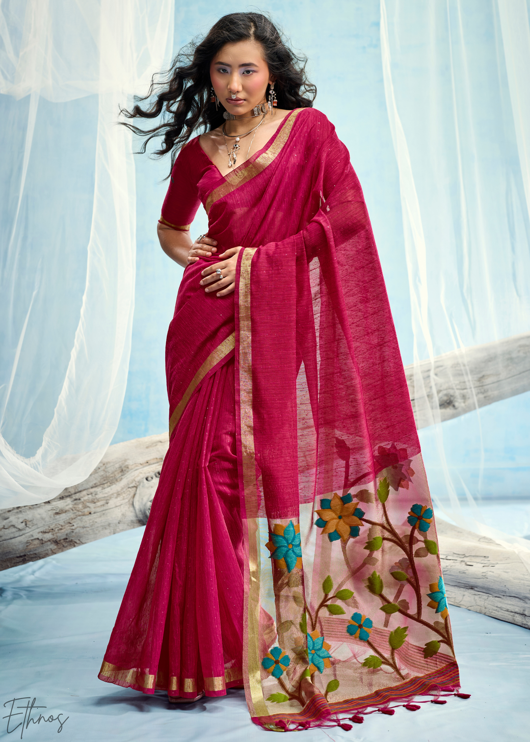 Fuchsia Pink Jardin Woven Munga Silk Saree