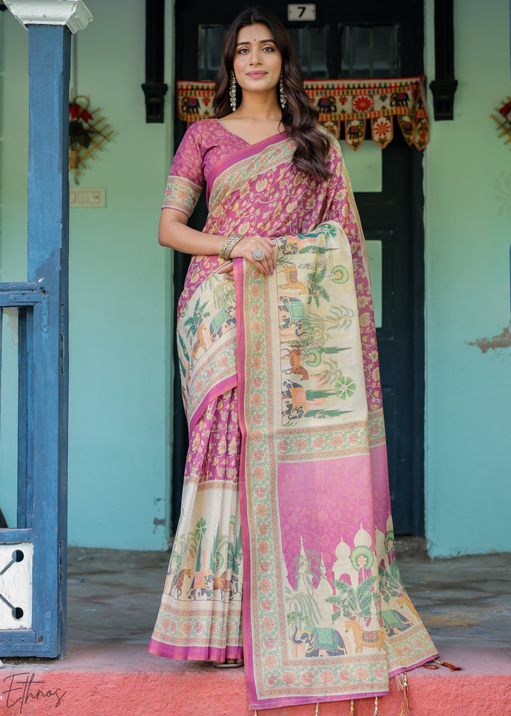 Fuchsia Pink Royal Heritage Cotton Linen Saree