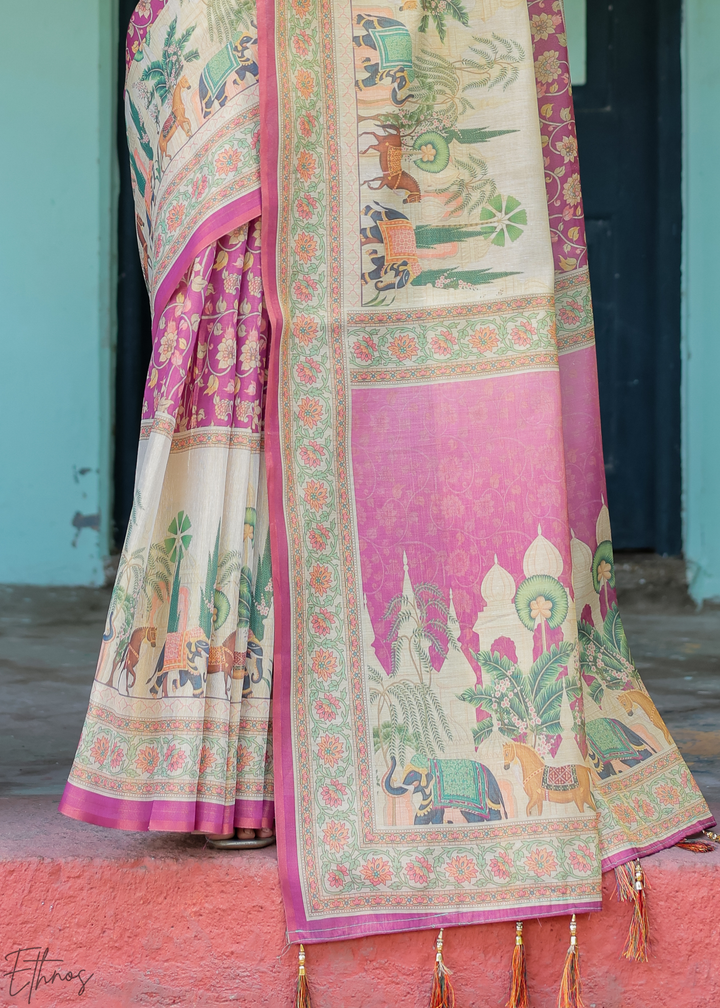 Fuchsia Pink Royal Heritage Cotton Linen Saree