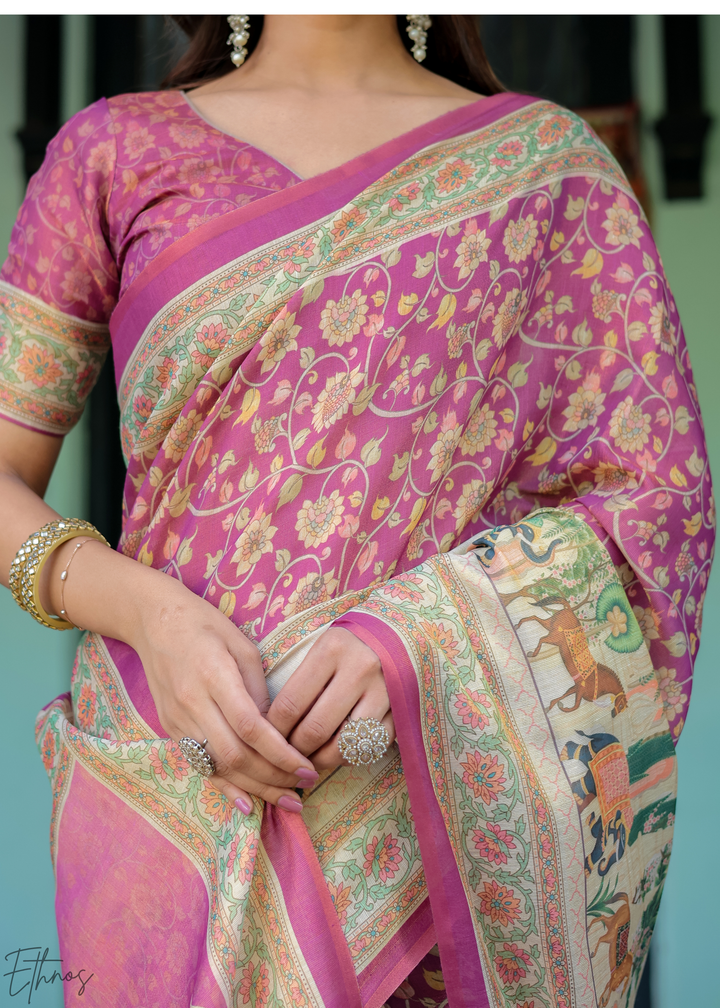 Fuchsia Pink Royal Heritage Cotton Linen Saree