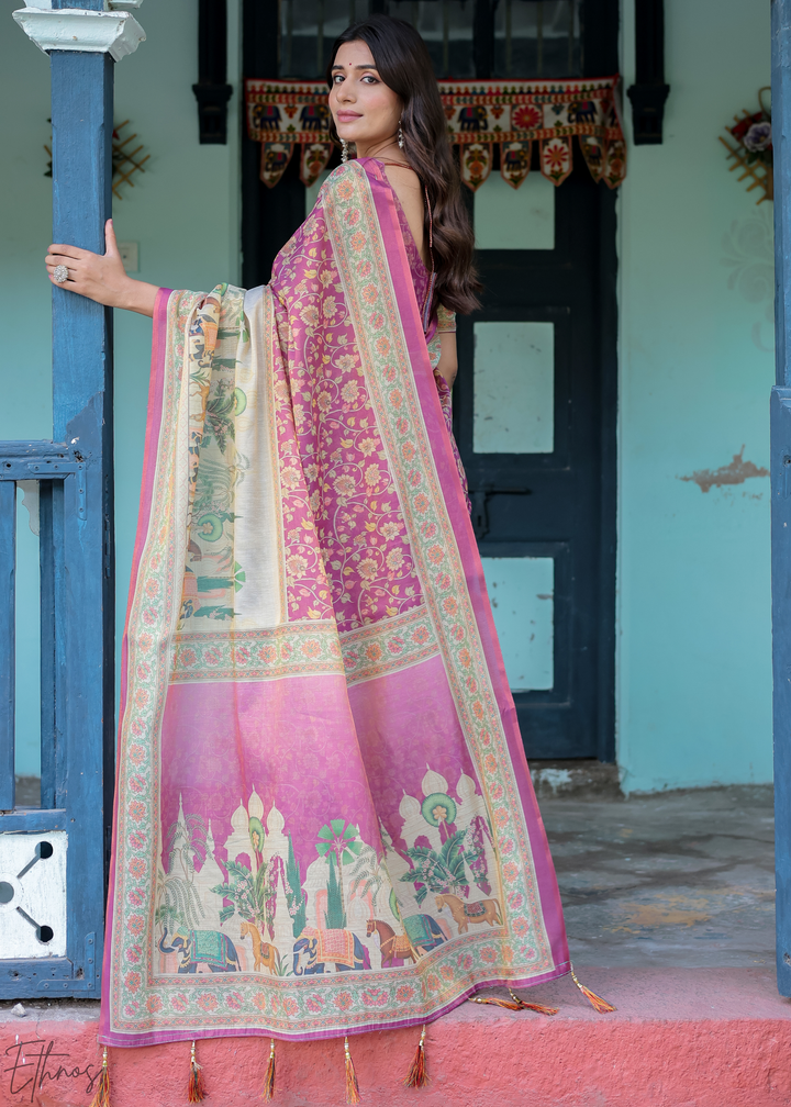 Fuchsia Pink Royal Heritage Cotton Linen Saree