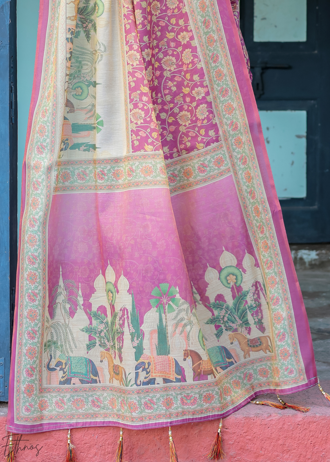 Fuchsia Pink Royal Heritage Cotton Linen Saree