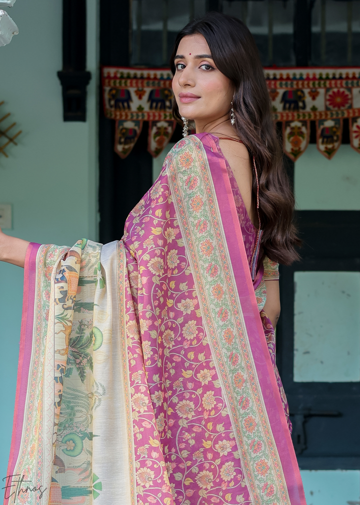 Fuchsia Pink Royal Heritage Cotton Linen Saree