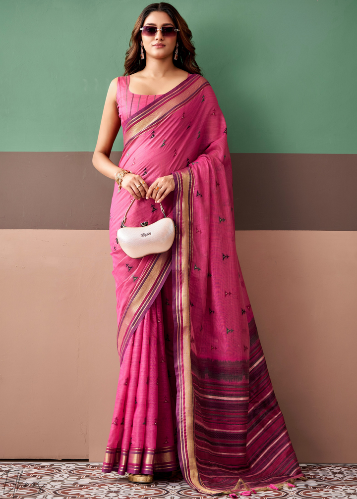 Fuchsia Pink Zari Striped Pallu Cotton Saree