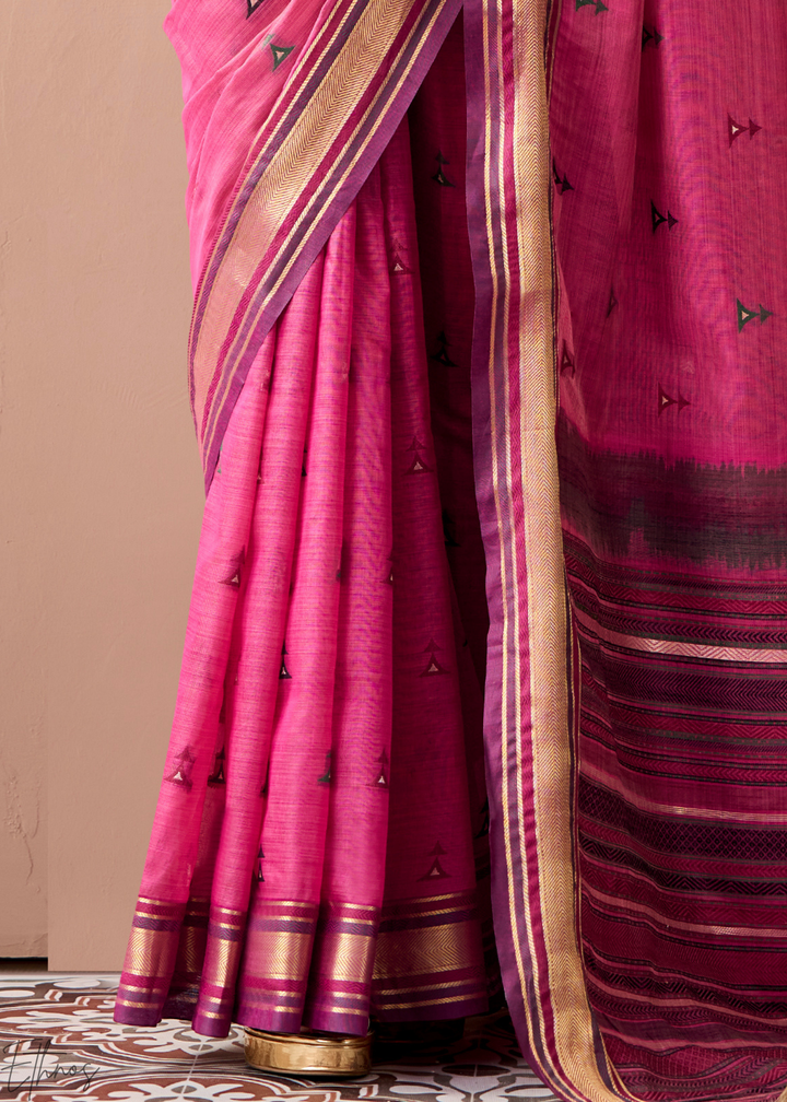 Fuchsia Pink Zari Striped Pallu Cotton Saree