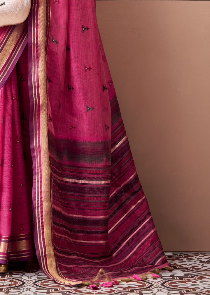 Fuchsia Pink Zari Striped Pallu Cotton Saree