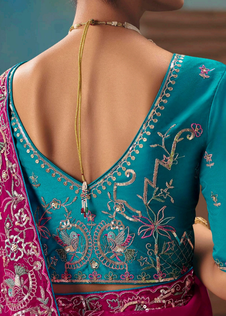 Fuchsia Pink Sequins Organza Saree