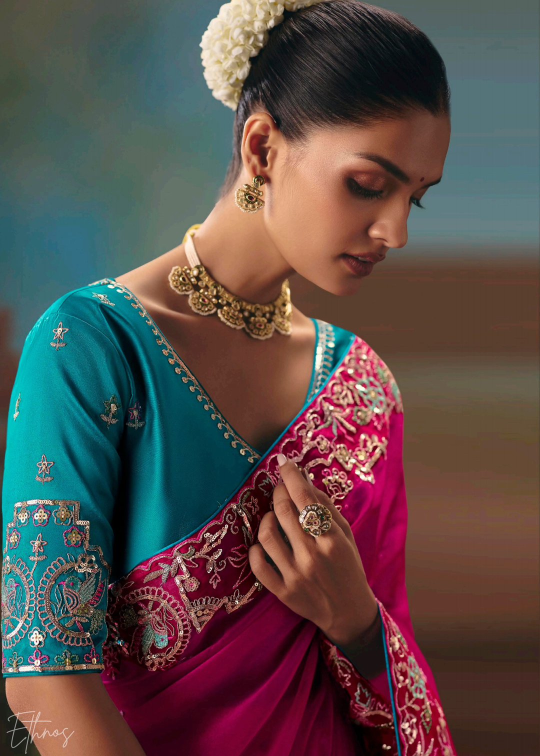 Fuchsia Pink Sequins Organza Saree