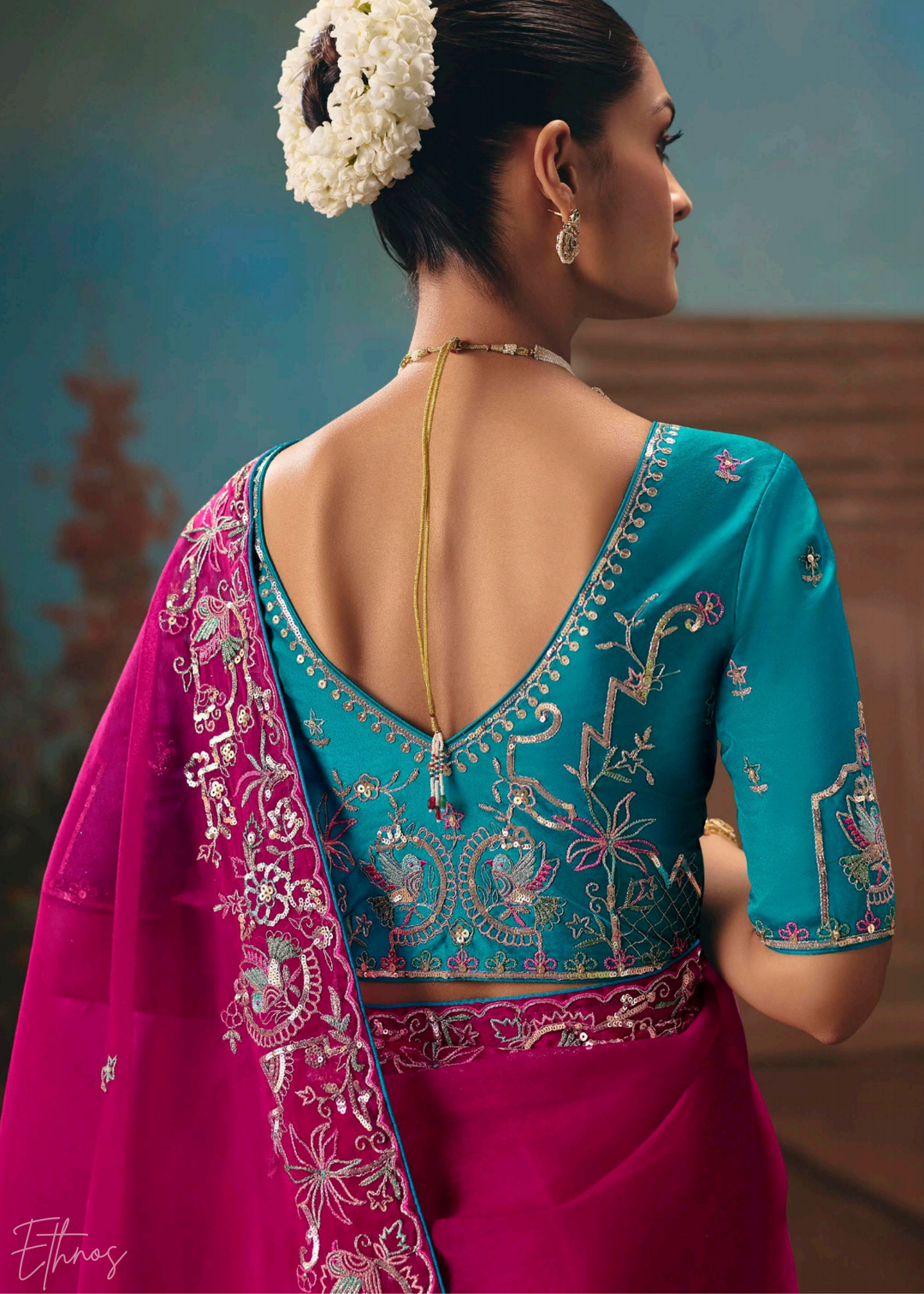 Fuchsia Pink Sequins Organza Saree