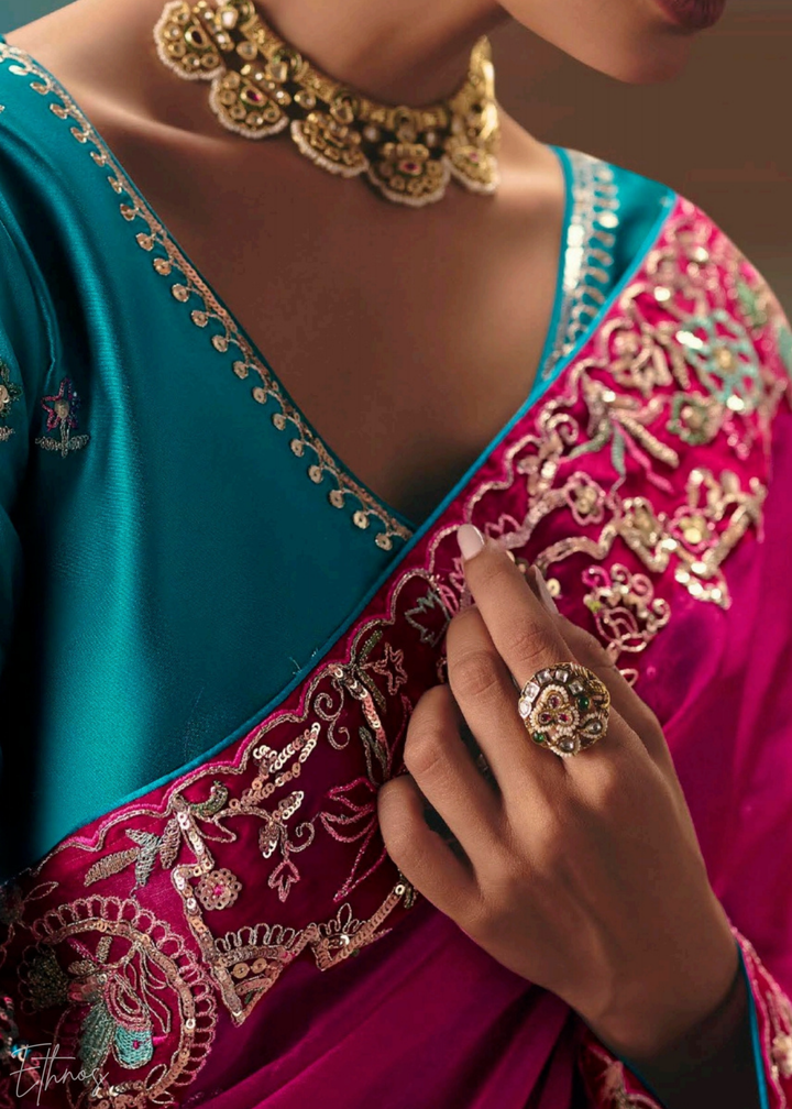 Fuchsia Pink Sequins Organza Saree