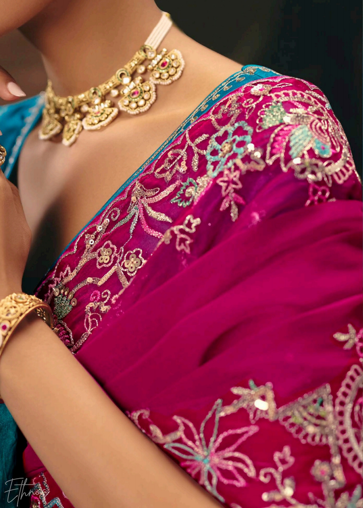 Fuchsia Pink Sequins Organza Saree